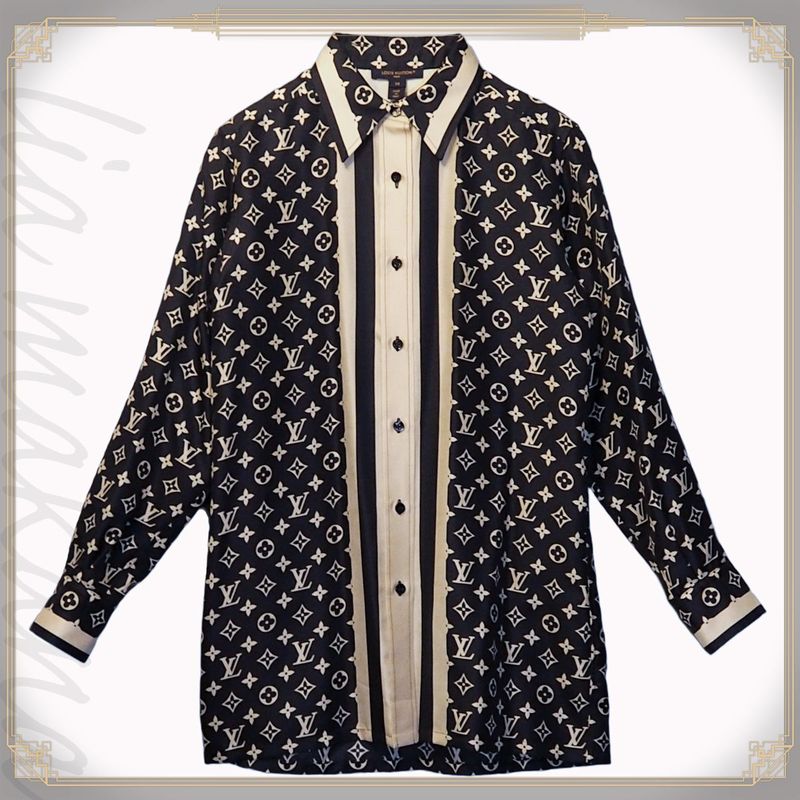 Louis Vuitton Monogram Pajama Shirt Silk Shirt Blouse Women's Tops Navy Ivory