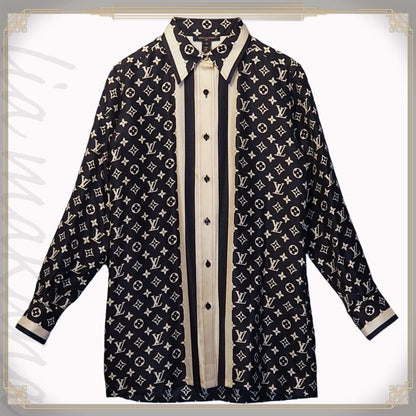 Louis Vuitton Monogram Pajama Shirt Silk Shirt Blouse Women's Tops Navy Ivory