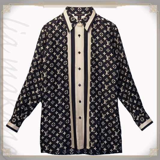 Louis Vuitton Monogram Pajama Shirt Silk Shirt Blouse Women's Tops Navy Ivory