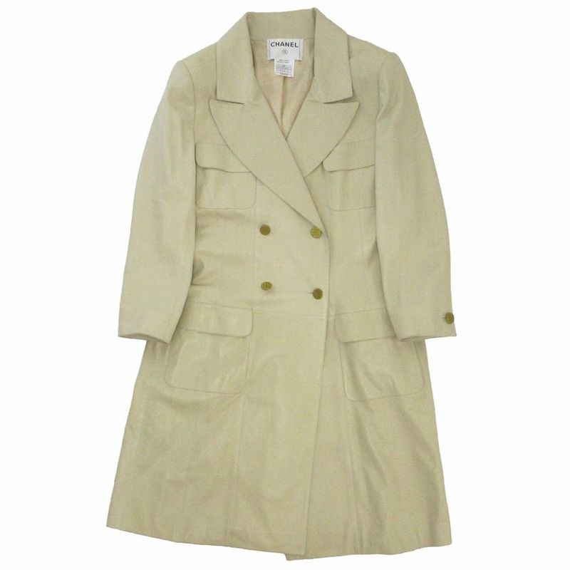 01p Chanel P17593v00923 Leather Double Breasted Chester Coat Coco Logo Gold