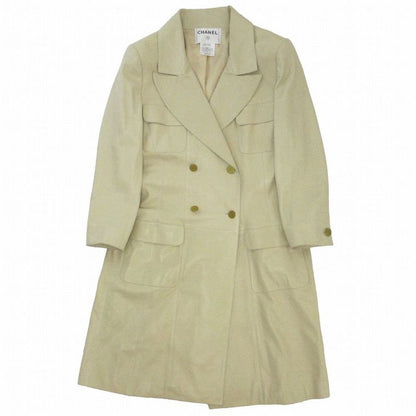 01p Chanel P17593v00923 Leather Double Breasted Chester Coat Coco Logo Gold