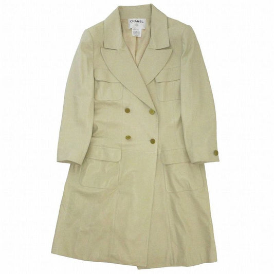 01p Chanel P17593v00923 Leather Double Breasted Chester Coat Coco Logo Gold
