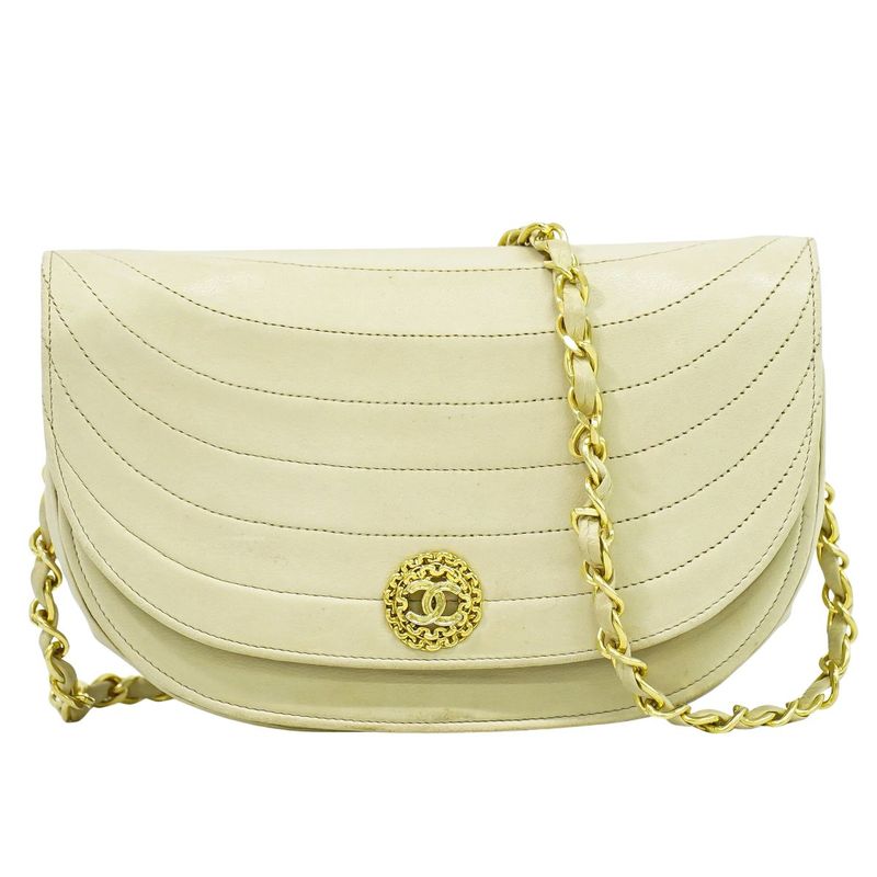 Authentic Chanel Coco Mark Chain Shoulder Bag Pochette Lambskin Leather Beige