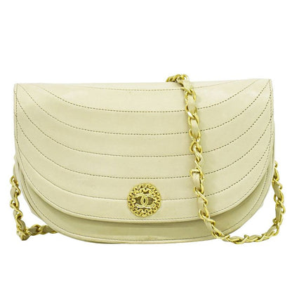 Authentic Chanel Coco Mark Chain Shoulder Bag Pochette Lambskin Leather Beige