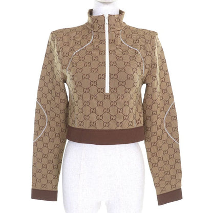 Gucci 23SS 715524 GG Pattern Half Zip Cropped Jersey Long Sleeve Top Brown M
