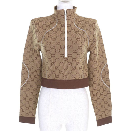 Gucci 23SS 715524 GG Pattern Half Zip Cropped Jersey Long Sleeve Top Brown M