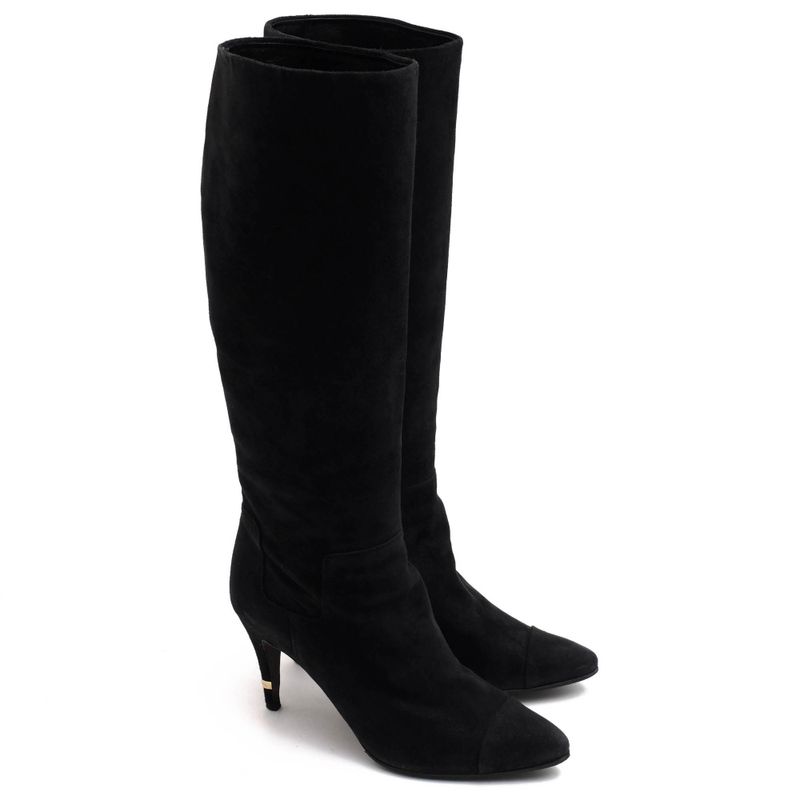 Chanel Long Boots Shoes Women Suede Leather Genuine Black High Heel Leather Sole
