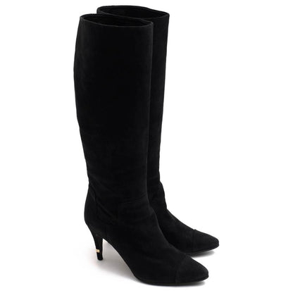 Chanel Long Boots Shoes Women Suede Leather Genuine Black High Heel Leather Sole