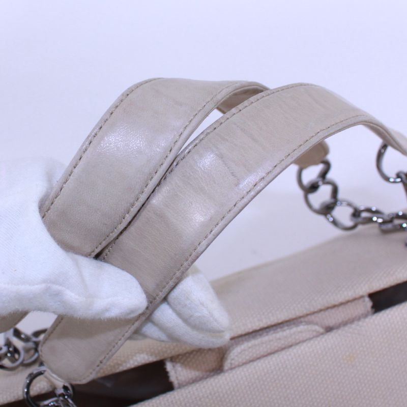 Chanel Chocobar Chain Bag Canvas And Lambskin Beige Handbag Silver