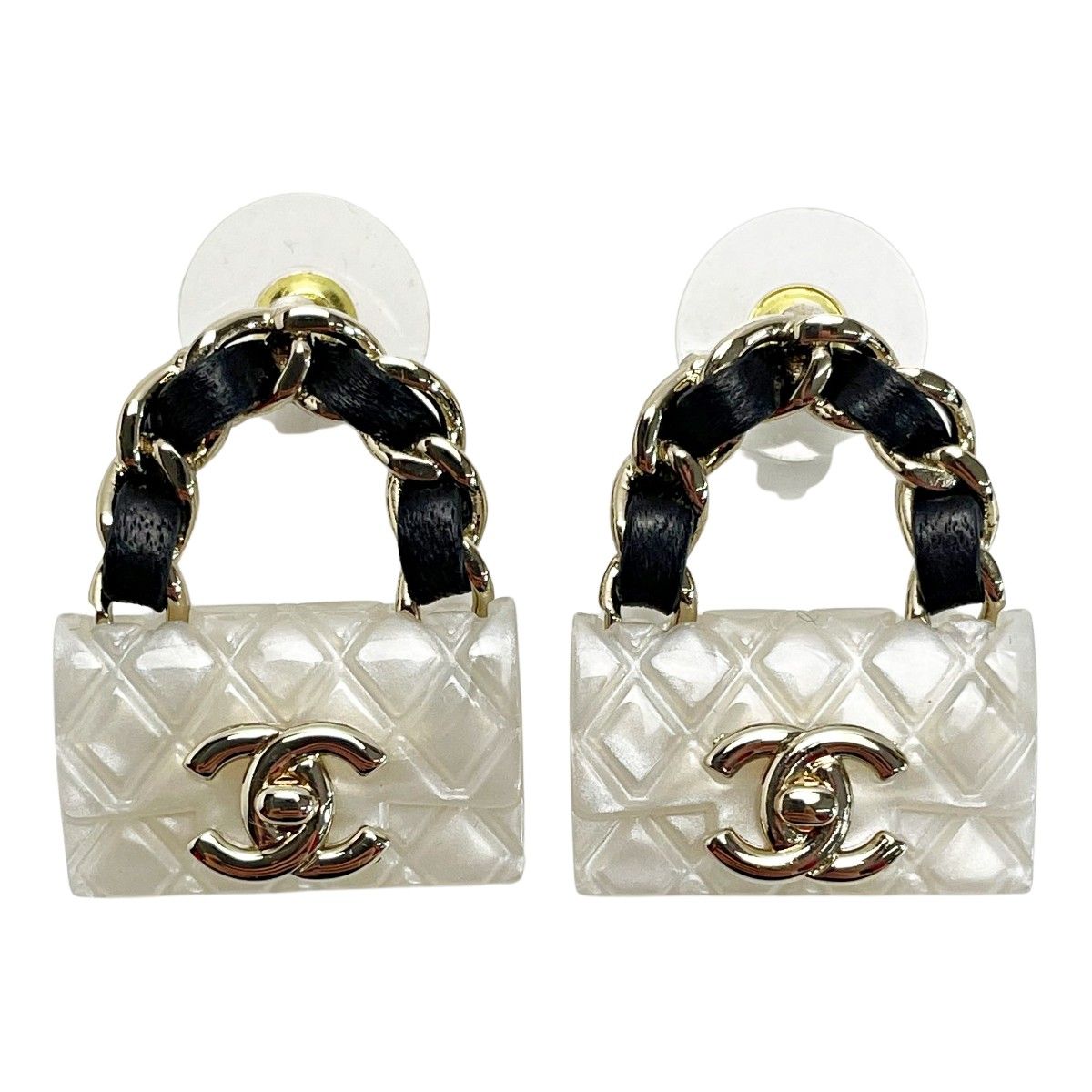 Chanel Earrings B23c Gold X White Bag Motif Coco Mark Matelasse Women's