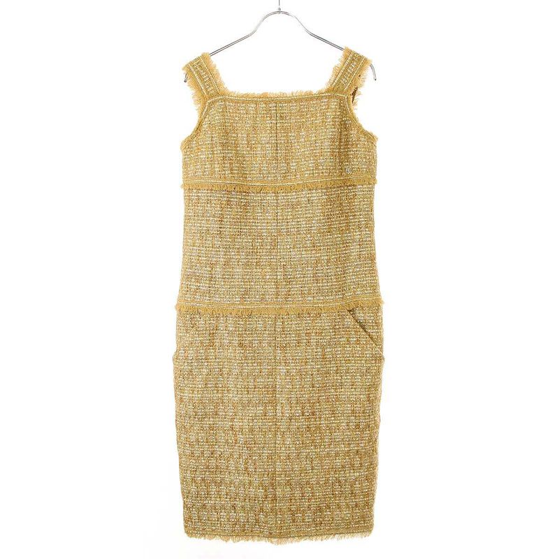 Chanel Sleeveless Fringe Tweed Dress P26066v16158 Camel Brown 40