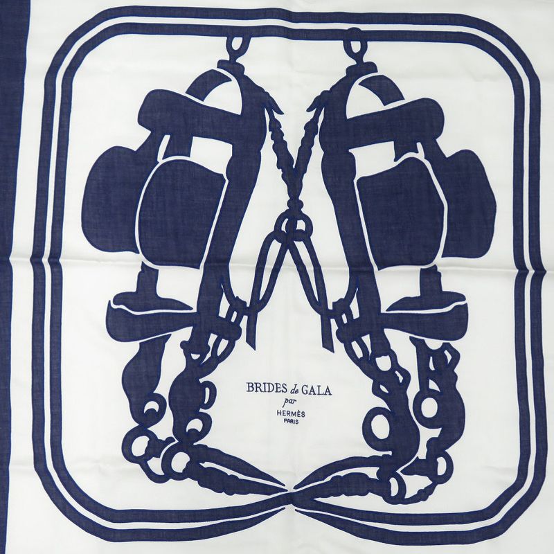 Hermes Carré 90 Brides De Gala Tattoo Cotton Silk Cotton Polyester White Navy