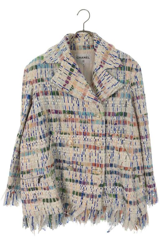 Chanel P58626v44610 Coco Mark Button Fringe Tweed Jacket Ladies 38