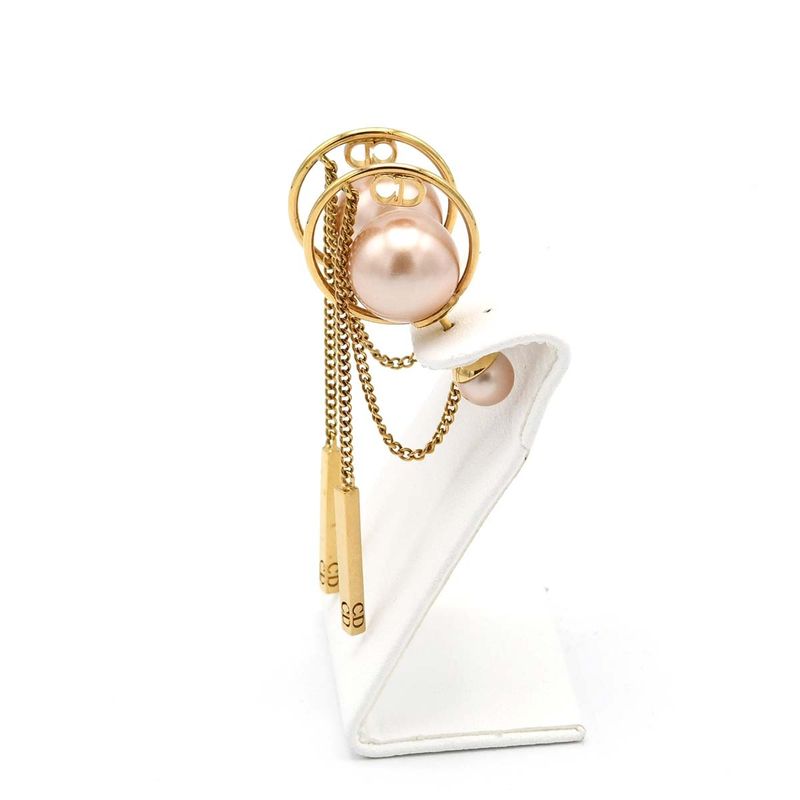 Christian DIOR Tribal Earrings Resin Pearl CD Logo Chain Pink GP 7.3g Box With