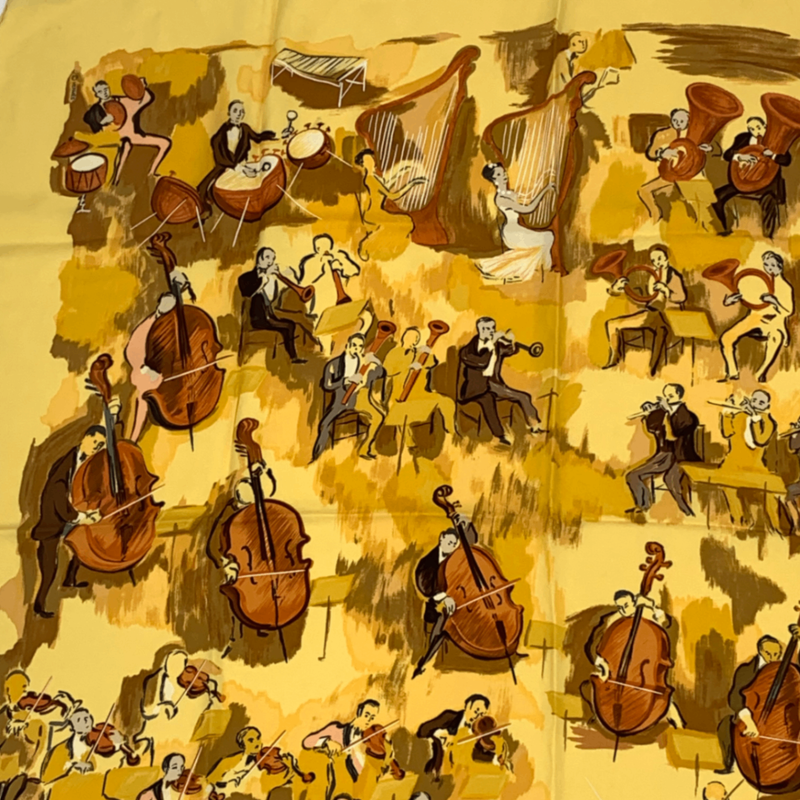 Hermes Carre 90 Concerto Yellow 100% Silk Scarf