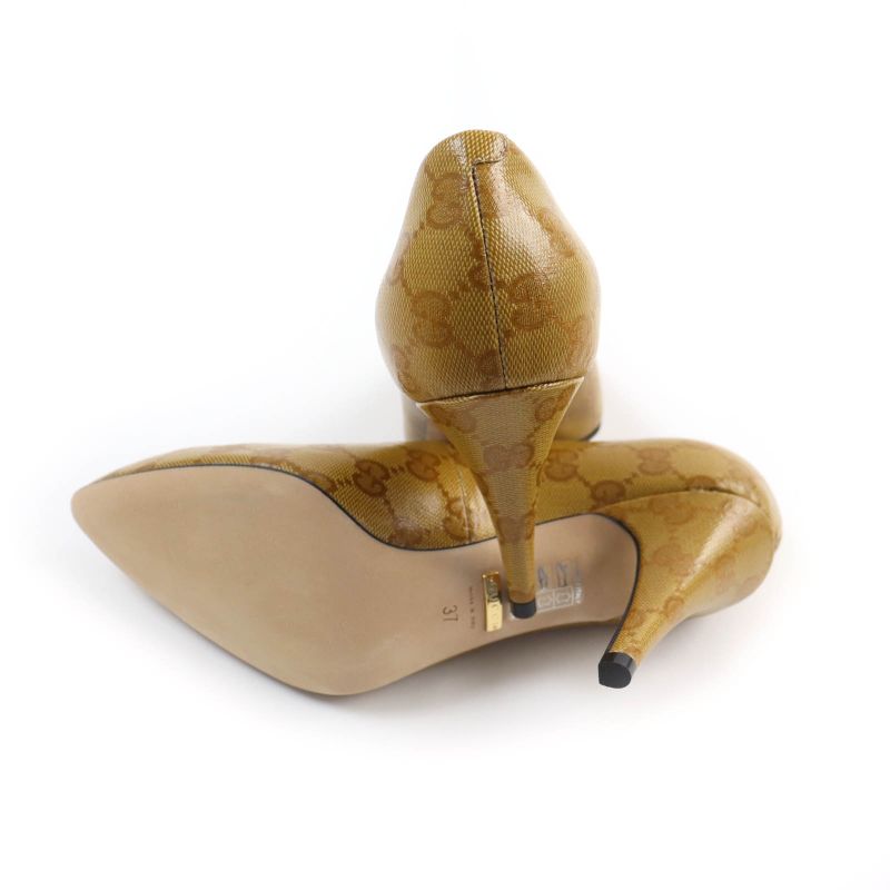 Gucci Adidas 702221 GG Crystal Logo Design Pointed Toe Leather Pumps Brown 37