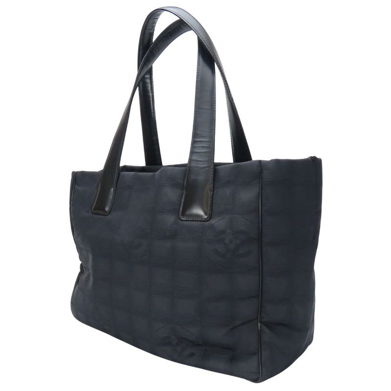 Chanel Tote Bag New Travel Line Coco Mark Jacquard Nylon Leather Black Gold