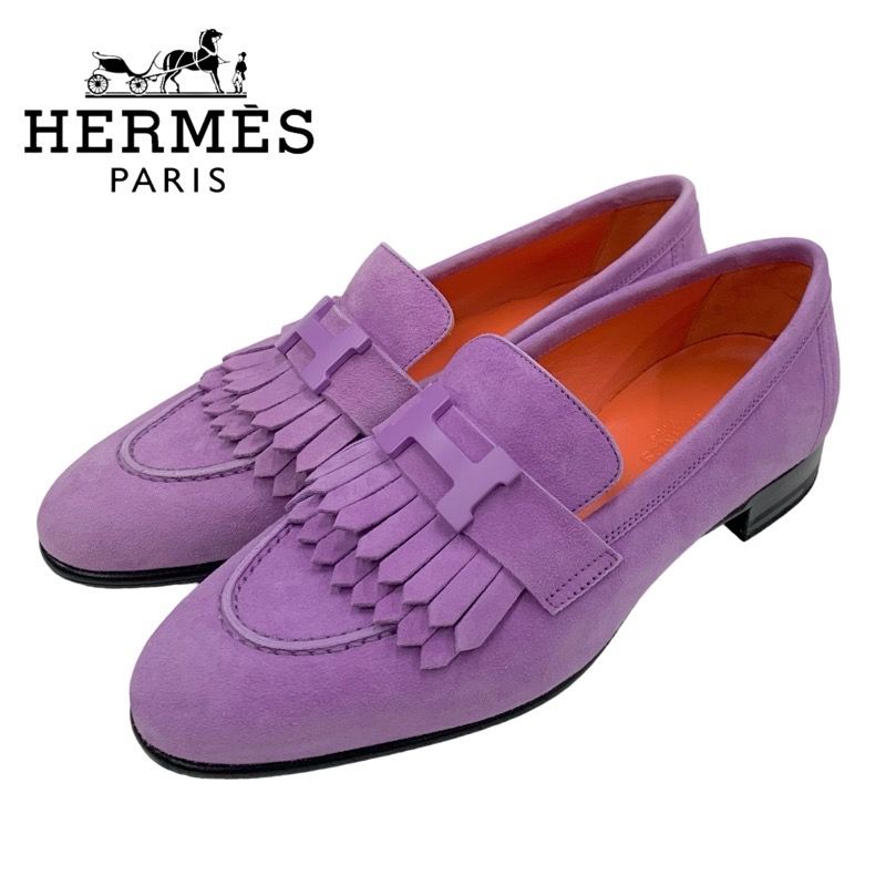 Hermes Royale Loafer Leather Shoes Suede Purple Moccasin Flat Shoes Hhardware