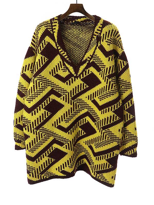 Prada 21aw V-Neck Geometric Long Knit Sweater Umb269 Yellow S