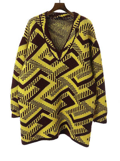 Prada 21aw V-Neck Geometric Long Knit Sweater Umb269 Yellow S