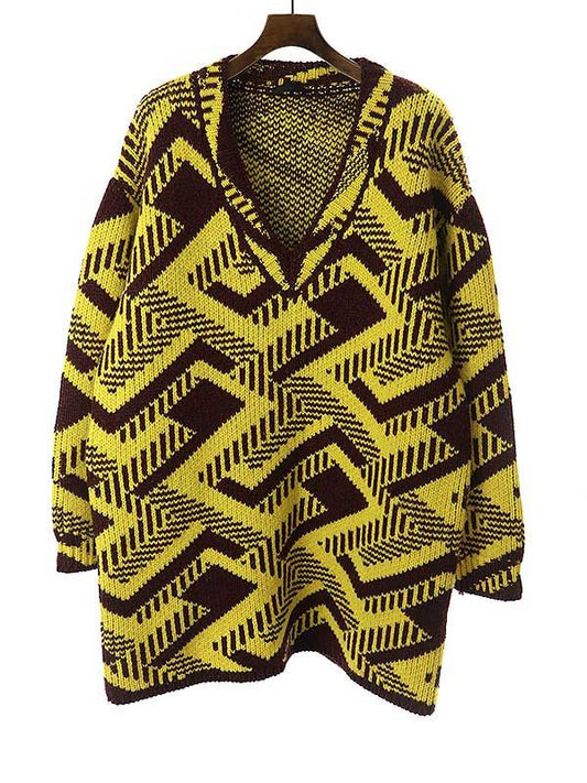 Prada 21aw V-Neck Geometric Long Knit Sweater Umb269 Yellow S