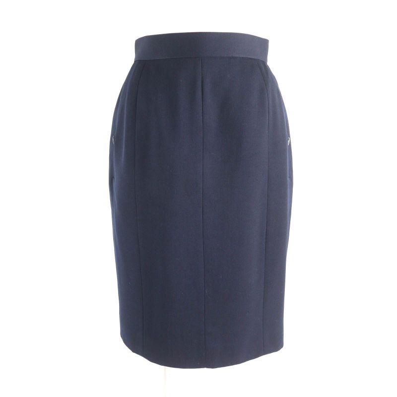 CHANEL Vintage P04471 100% Wool 90s Tight Skirt With Coco Mark Buttons Navy 38