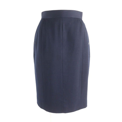 CHANEL Vintage P04471 100% Wool 90s Tight Skirt With Coco Mark Buttons Navy 38