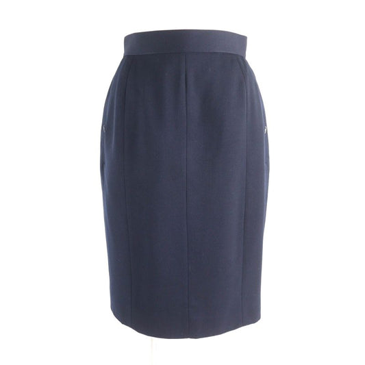 CHANEL Vintage P04471 100% Wool 90s Tight Skirt With Coco Mark Buttons Navy 38