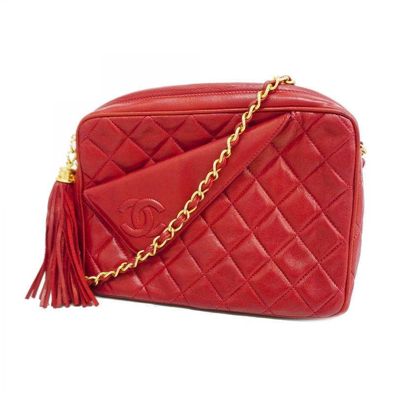 Chanel Shoulder Bag Matelasse Lambskin Red Gold Hardware Women