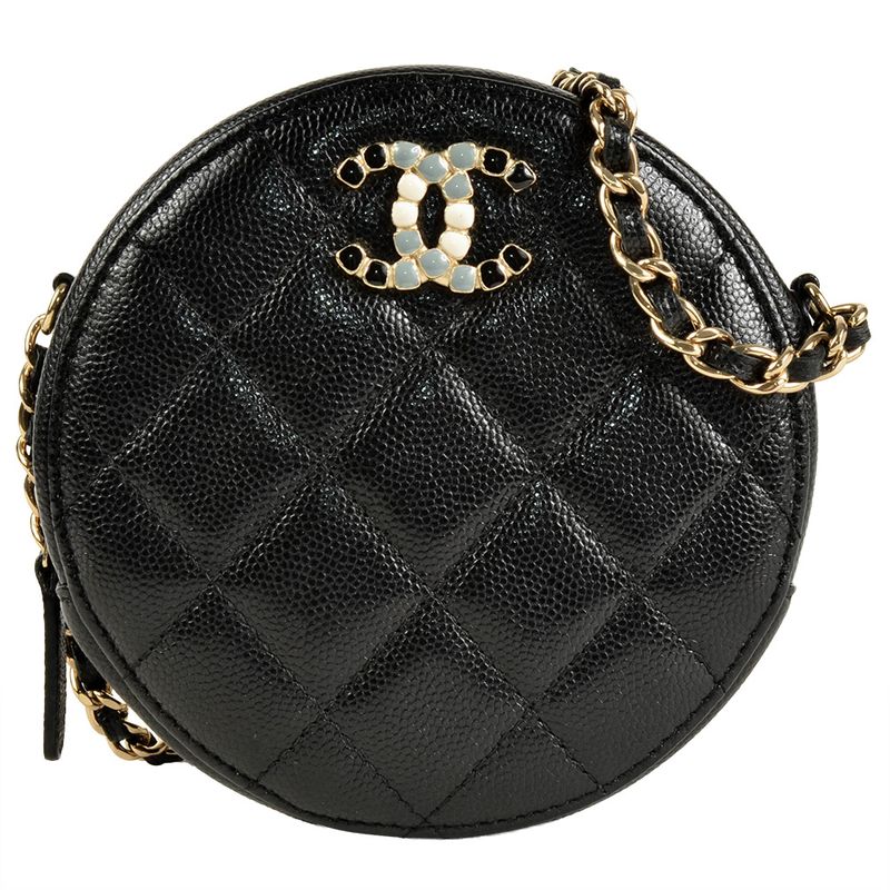 Chanel Round Chain Shoulder Bag Caviar Skin Ap2034 Black Gold Hardware 8 Digits