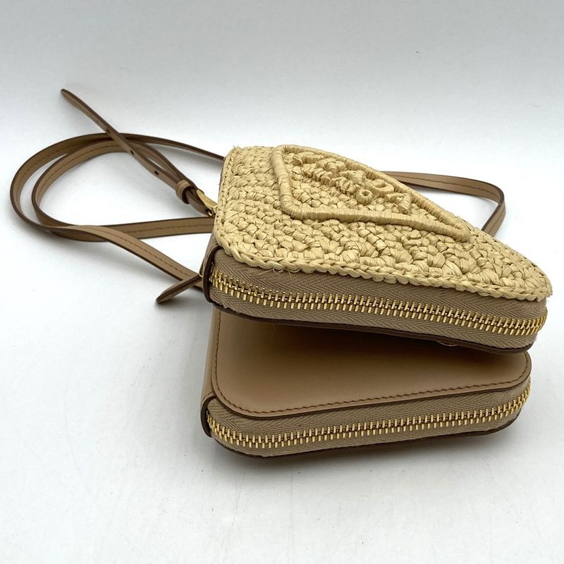 Prada Triangle Shoulder Bag Chain Bag Mini Bag 1nr015 Raffia Beige Women