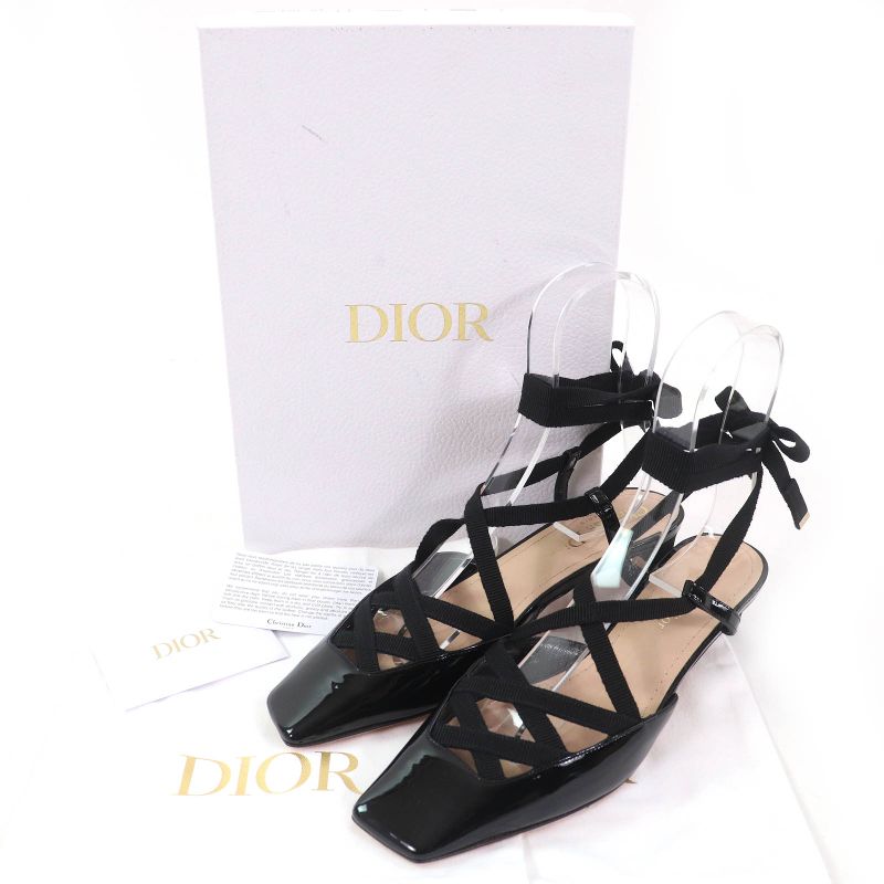 Christian DIOR D-envol Patent Leather Square Toe Lace Up Pumps Black 36 With