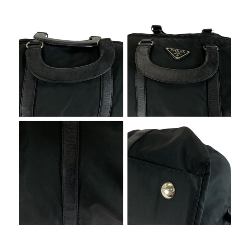 Prada Tessuto Triangle Logo Plate Black Silver Hardware Nylon Boston Bag