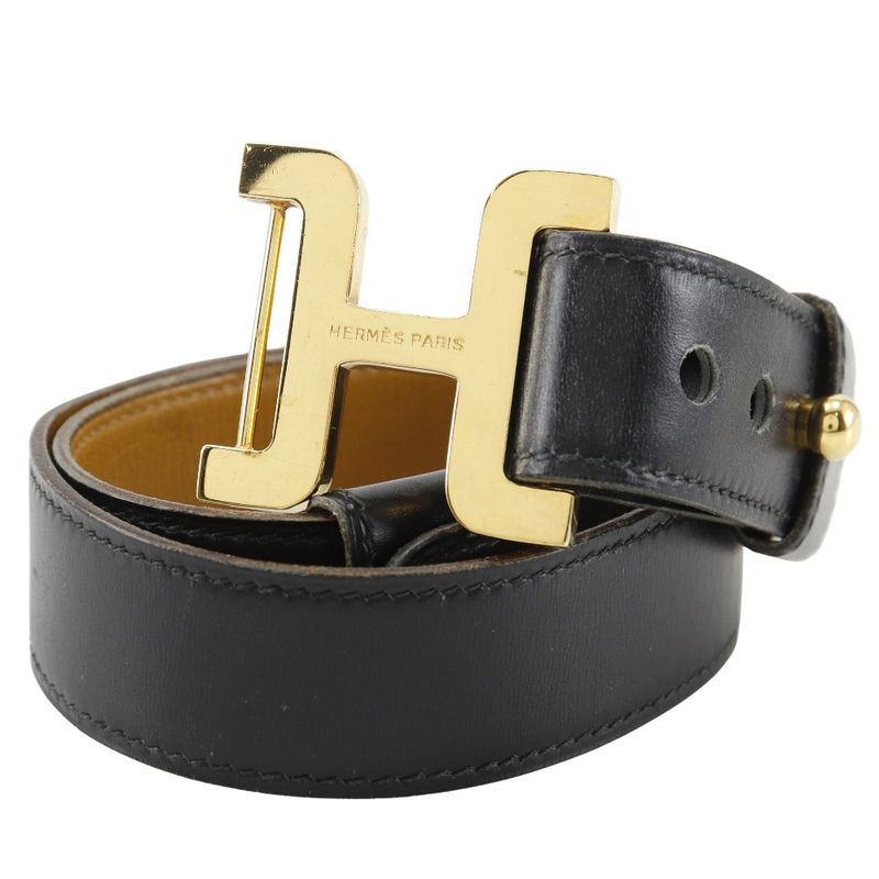Hermes H Belt Vintage Calf And Gold Plated Black 00G Ladies Belt