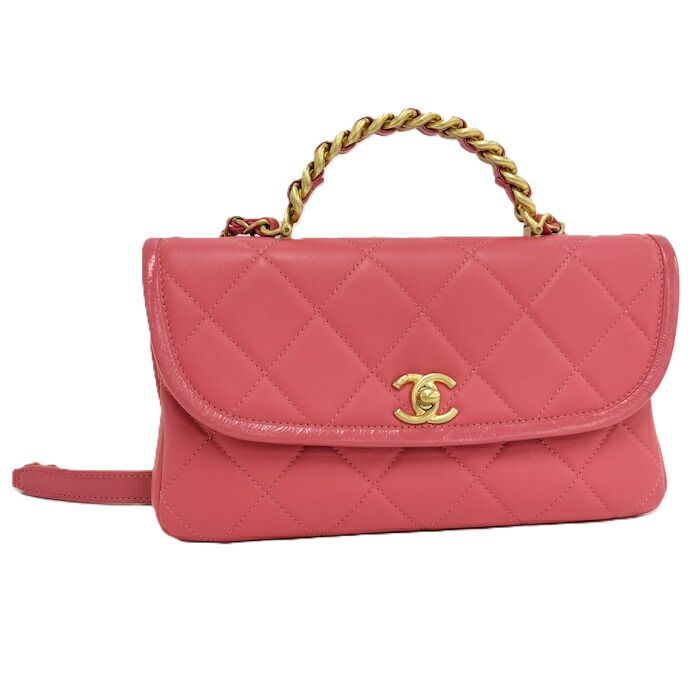 Chanel Top Handle Chain Shoulder Bag Leather Pink