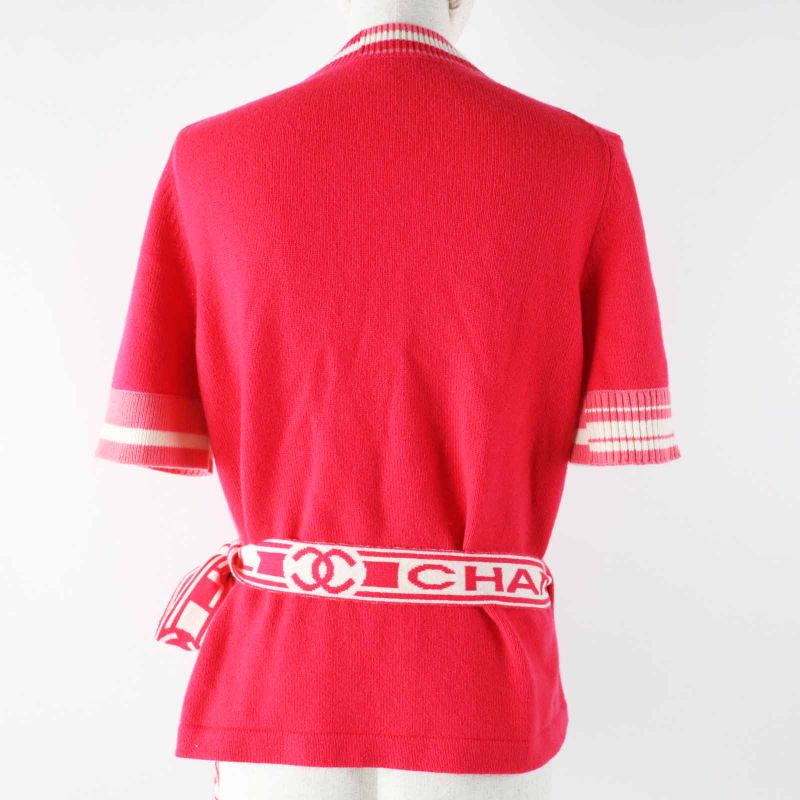 CHANEL P60724 100% Cashmere Coco Logo Line Short Sleeves Cache-coeur Knit