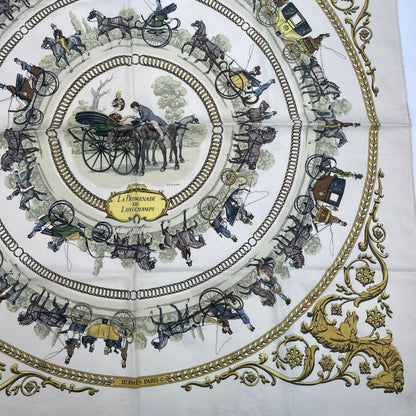 Hermes Carre 90 Promenade LA Promenade DE Longchamps Scarf Silk White