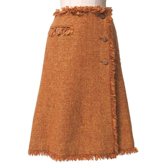 Chanel Skirt Size 34 01A CC Coco Mark Wood Button Tweed Fringe Knee Length Wrap