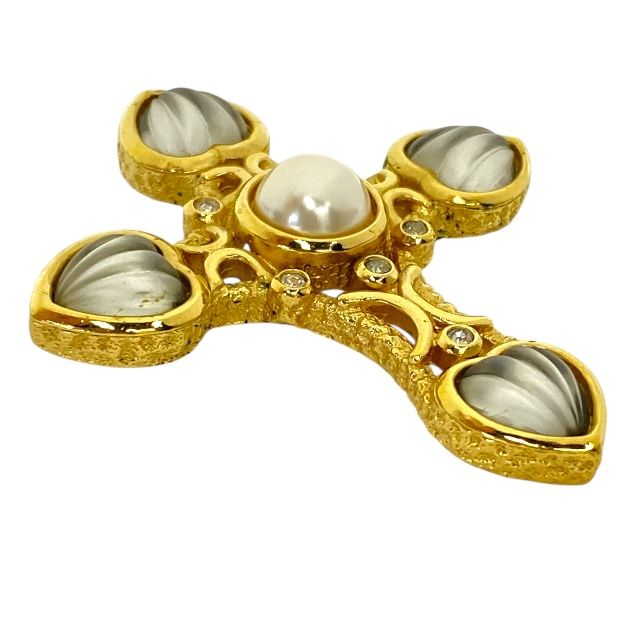 Dior Necklace Brooch 2way Necklace Top Pendant Top Faux Pearl Gold Logo