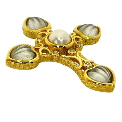 Dior Necklace Brooch 2way Necklace Top Pendant Top Faux Pearl Gold Logo