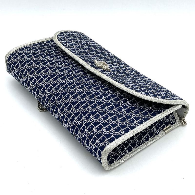 Christian DIOR Chain Shoulder Bag Lame Thread Canvas Navy Women
