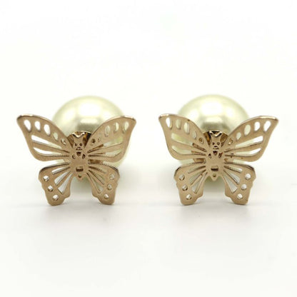 Christian DIOR Earrings Butterfly Faux Pearl Tribal Accessories With Box H13740
