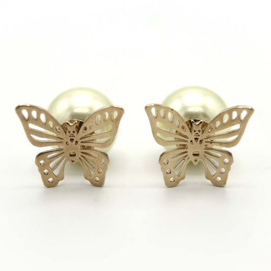 Christian DIOR Earrings Butterfly Faux Pearl Tribal Accessories With Box H13740