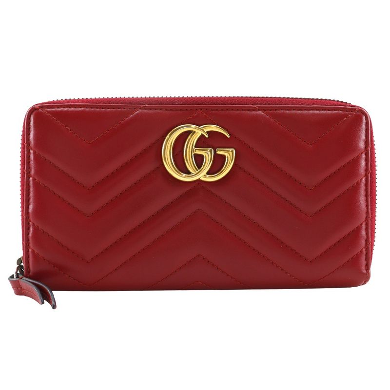 Gucci Double G Zip Around Wallet GG Marmon Chevron Quilted 443123 Leather Red