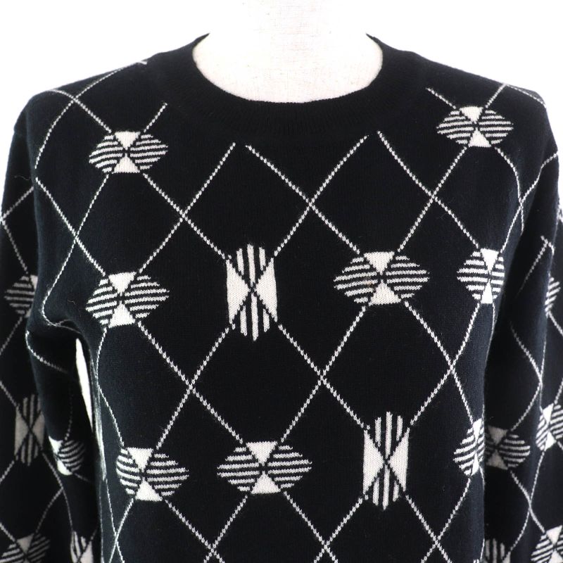 Hermes 22SS 100% Cashmere Argyle Pattern Long Sleeves Knit Sweater Black White