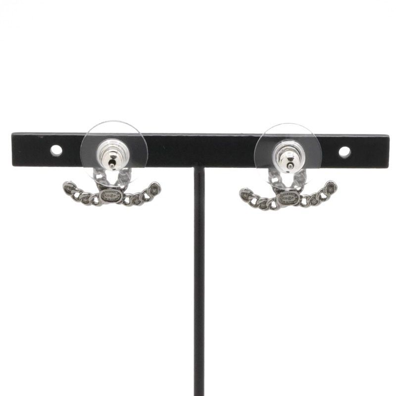 Chanel Earrings Earring Silver Black Coco Mark Rhinestone