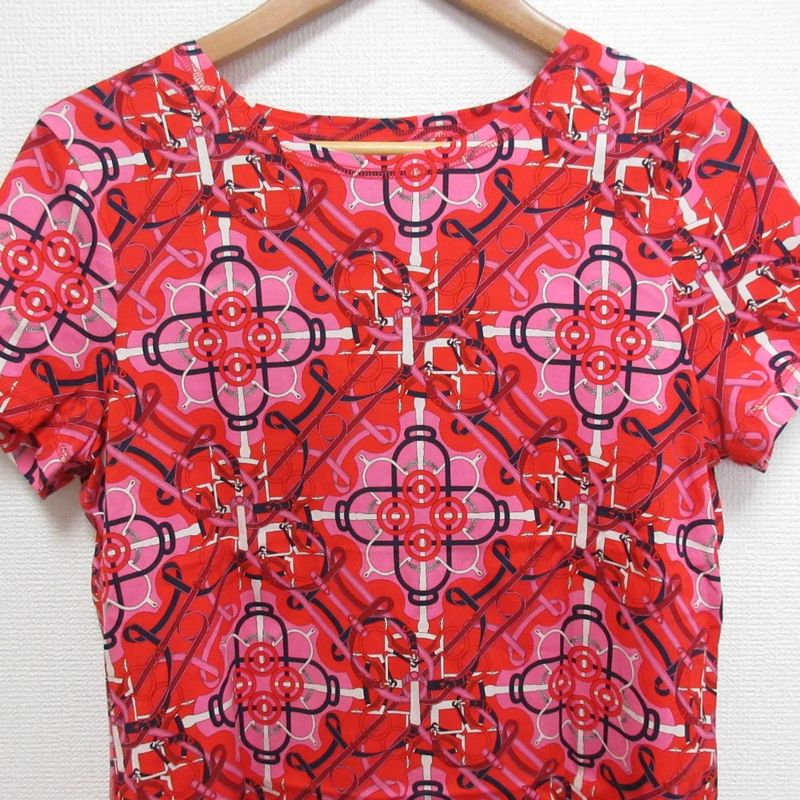 Hermes Geometric Pattern Short Sleeve T-Shirt Red Size 40 Pink Ladies Used