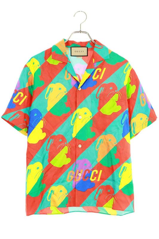Gucci 723823 Zal0s Bunny Printed Silk Short Sleeve Shirt Men 44
