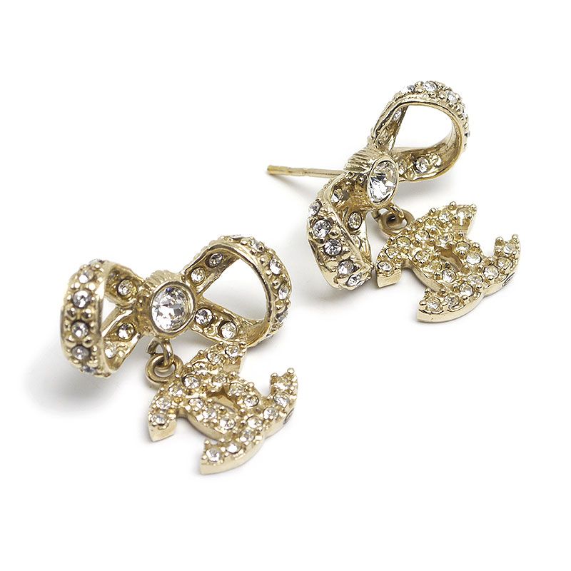 Chanel Ribbon Motif Earrings Coco Mark Rhinestone B14P