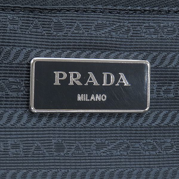 Prada Carry Bag Triangle Logo Carry Case Nylon Leather Navy Silver Hardware